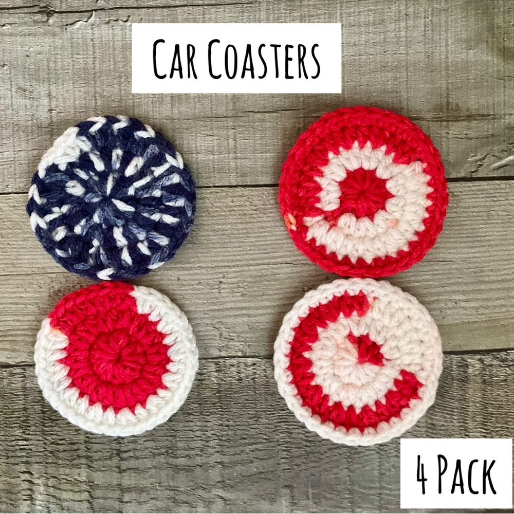 Handmade Patriotic Red & White Car Coasters 4 Pack